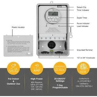 Suraielec Pool Timer, 7-Day Programmable Digital Box Timer Switch NEW