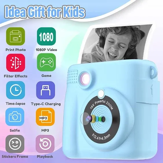 Dylanto Instant Print Camera for Kids,2.4 Inch Screen Kids Instant Cameras, Christmas Birthday Gifts for Girls Age 3-12, Portable Toddler Toy for 3 4 5 6 7 8 9 10 Year Old Girls Boys White