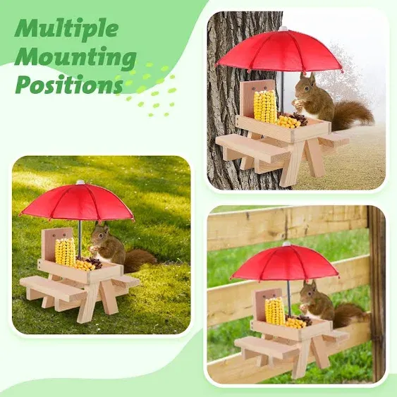 Squirrel Feeder Table with Umbrella, Wooden Squirrel Picnic Table with Corn COB ...