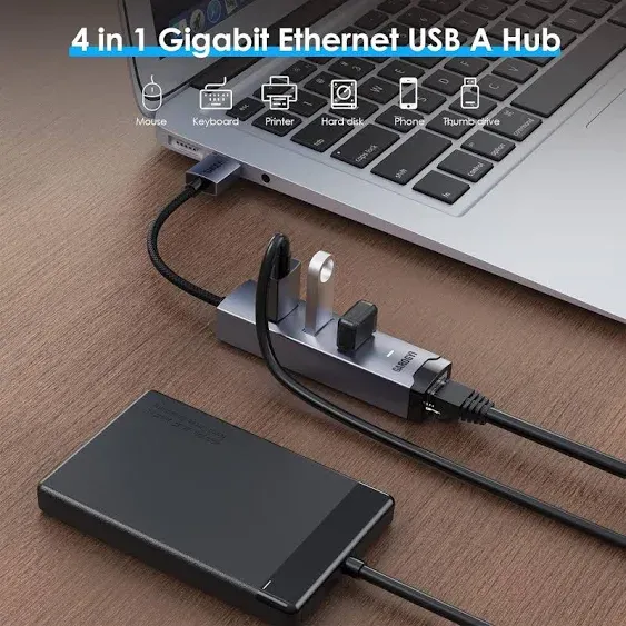 USB 3.0 to Ethernet Adapter 4 in 1 Multiport Hub with Gigabit RJ45 3 x USB 3.0