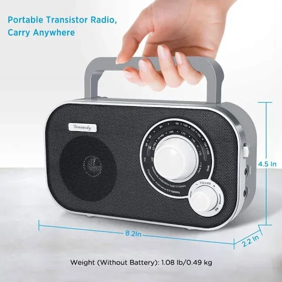 DreamSky AM FM Portable Radio Plug In Wall or Battery Operated for Home & Outdoor, Strong Reception & Sound, Large Dial Easy to Use, Transistor Antenna, Headphone Jack, Small Gifts for Seniors Elderly