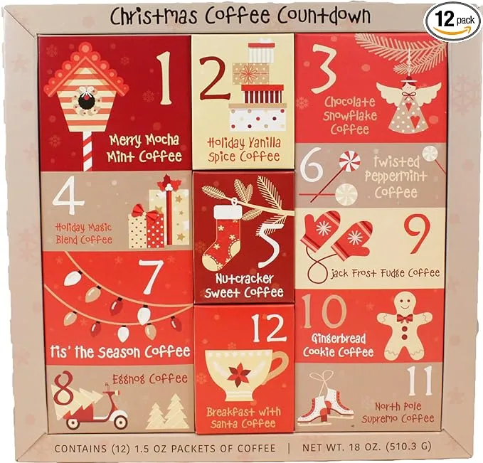 Specialty Division Christmas Sampler Gift 12 Days of Coffees, Teas or Cocoas (Hot Chocolate) for Christmas Gourmet Gift Box Set - Best Xmas Present Fo