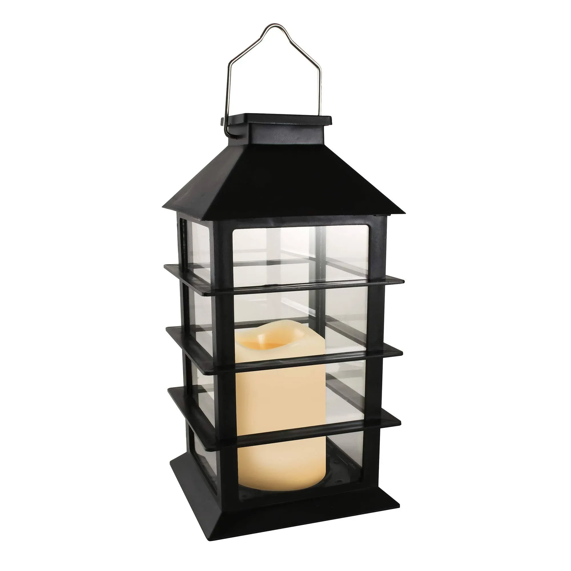 Lumabase Horizontal Black Solar Powered Lantern with LED Candle