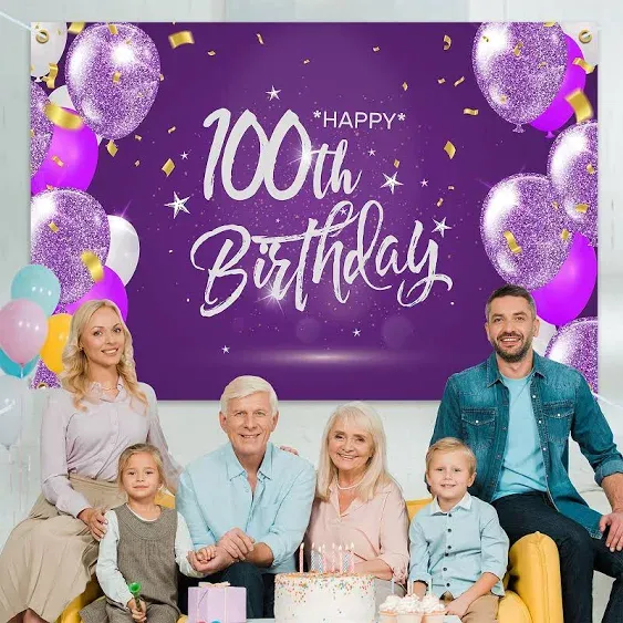 HAMIGAR 6x4ft Happy 100th Birthday Banner Backdrop - 100 Years Old Birthday Decorations Party Supplies for Women - Purple