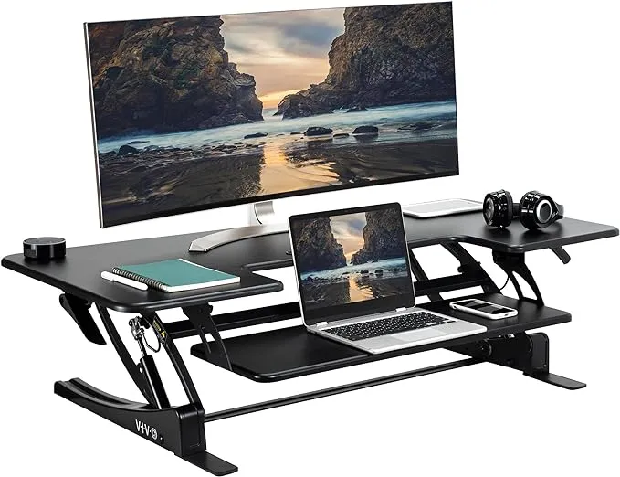 VIVO 42 inch Height Adjustable Stand Up Desk Converter, V Series, Quick Sit to Stand Tabletop Dual Monitor Riser Workstation, Light Wood Top, Black Frame, DESK-V000VLO