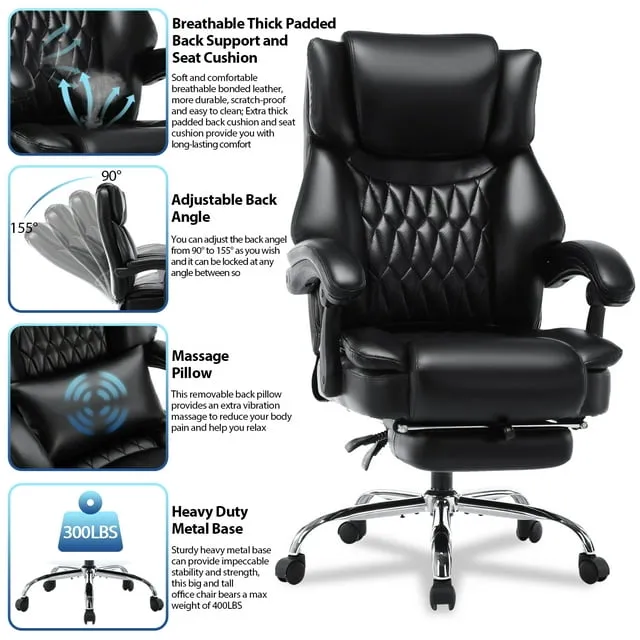 High Back Massage Reclining Office Chair with Footrest - Executive Computer Home Desk Massaging Lumbar Cushion, Adjustable Angle, Breathable Thick Padding for Comfort (Black)