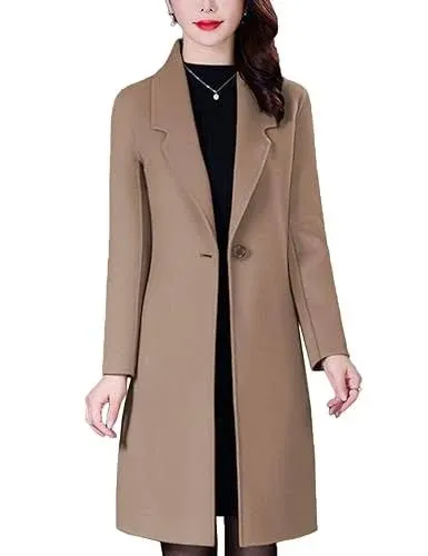 Bankeng Women Winter Wool Blend Camel Mid-Long Coat Notch Double-Breasted Lapel ...