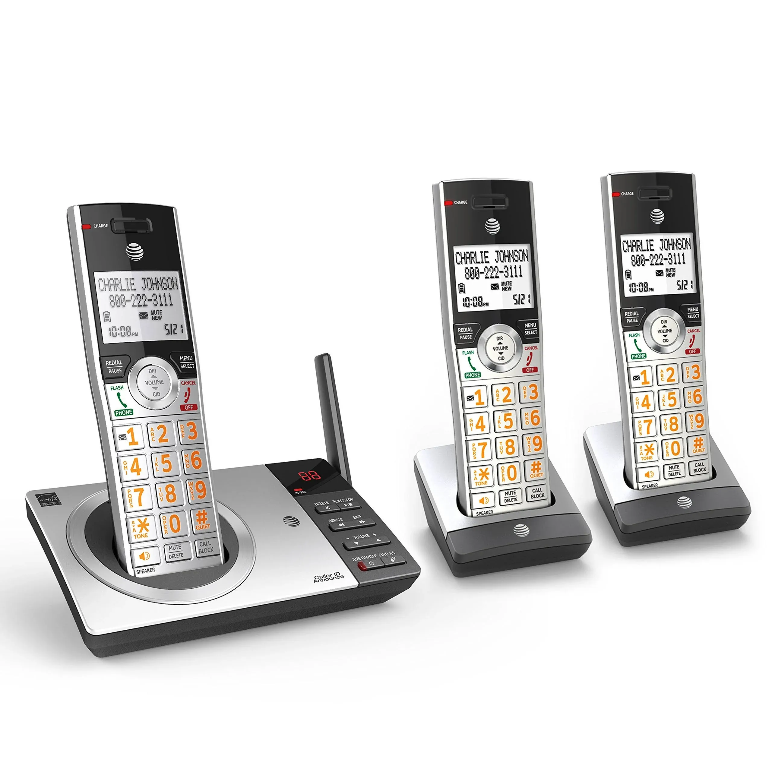 AT&T DECT 6.0 Expandable Cordless Phone with Answering System, Silver/Black with 3 Handsets