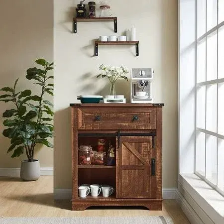 Okd Farmhouse Sideboard with Sliding Barn Door, Coffee Bar - Reclaimed Barnwood