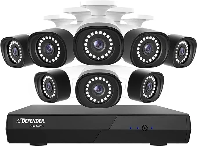 Defender Sentinel 4K Ultra HD Wired PoE Security Camera System with 1TB 8Ch NVR and 8 Outdoor Surveillance Color Night Vision Metal 8MP/4K Cameras, Smart Human Detection, Spotlight and Mobile App