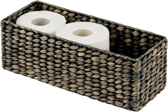 mDesign Woven Hyacinth Narrow Bathroom Toilet Roll Holder Storage Organizer Basket Bin - Rectangle Containers for Bathroom, Toilet Tank - Hold 3 Rolls of Toilet Paper - Gray