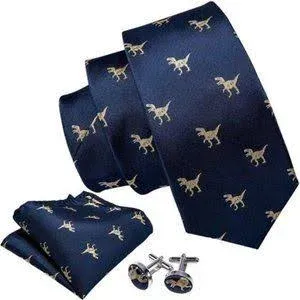 Barry.Wang Fun Animal Ties for Men Designer Handkerchief Cufflink WOVEN Casual Necktie Set Festival