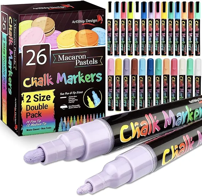 ArtShip Design 26 Macaron Pastel Chalk Markers Double Pack of Both Fine ...