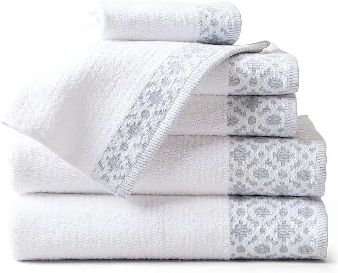 Market & Place 100% Turkish Cotton Luxury Hand Towel Set | Super Soft and Highly Absorbent | Textured Dobby Border | 550 GSM | Includes 6 Hand Towels | Nitra Collection (White/Denim Blue)