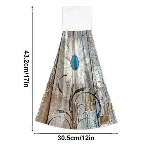 Rustic Daisy Hanging Towels Set 2 Pcs Wood Grain Soft Absorbent Fingertip Towel 