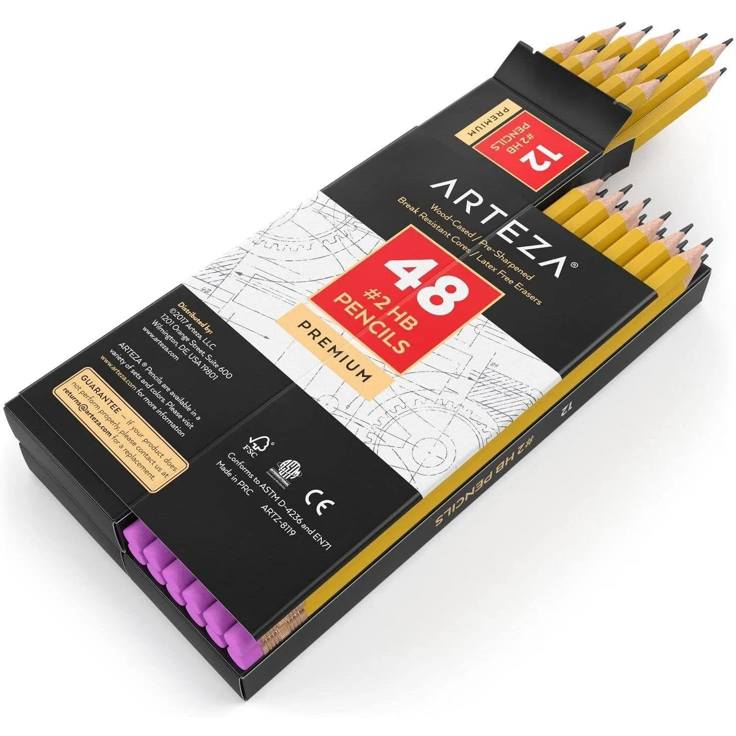 ARTEZA HB Pencils #2, Pack of 48, Wood-Cased Graphite Pencils in Bulk, Pre-Sharpened, with Latex-Free Erasers, Office & Back to School Supplies for Exams and Classrooms