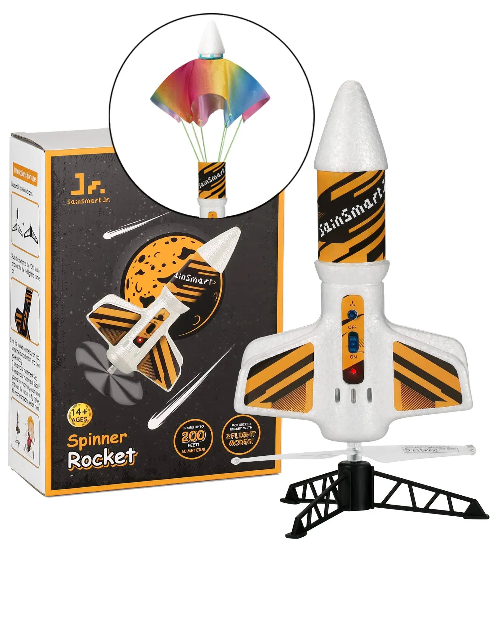 SainSmart Jr. Rocket Launcher for Kids - Motorized Air Rocket Launch Up to 200 ft, Safely Land with Parachute, Self-Launching ou