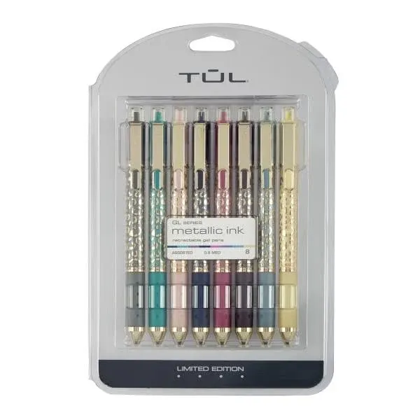 TUL&reg; GL Series Retractable Gel Pens, Limited Edition, Medium Point, 0.8 mm, Assorted Barrel Colors With Leopard Pattern, Assorted Metallic Inks, Pack Of 8 Pens