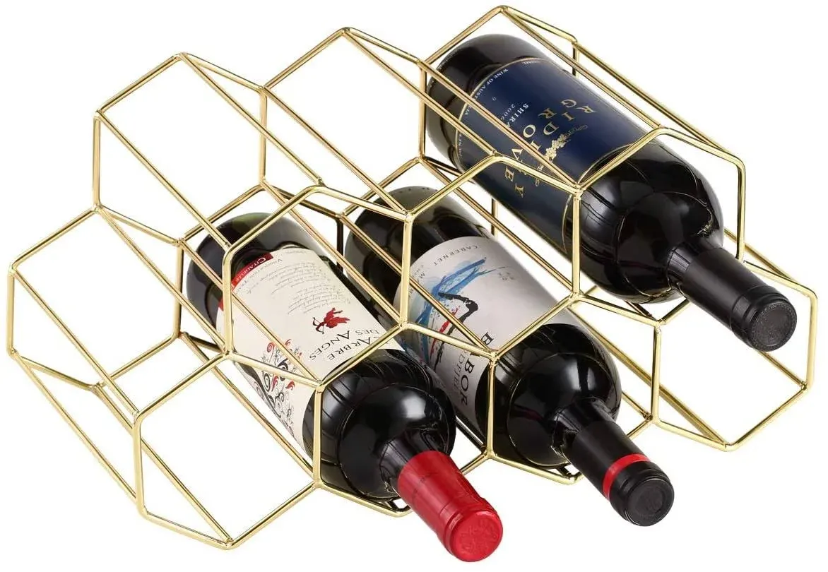 Buruis 7 Bottles Metal Wine Rack, Countertop Free-Stand Wine Storage Holder, Space Saver Protector for Red & White Wines - Gold