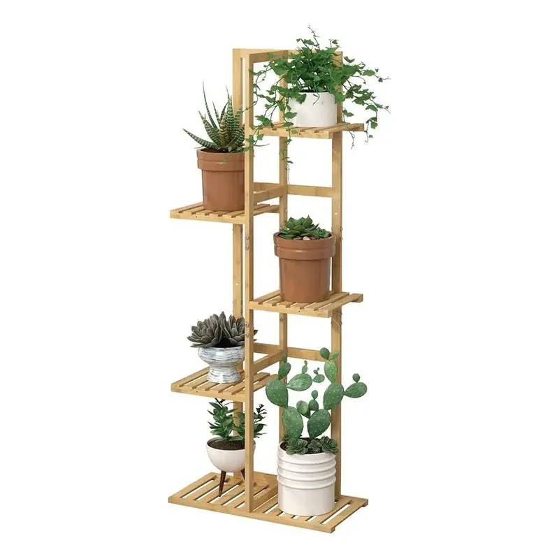 Laiensia Bamboo 5 Tier 6 Potted Plant Stand Rack Multiple Flower Pot Holder Shelf, Indoor&Outdoor Planter Display Shelves for Patio Garden, Living Room, Corner Balcony and Bedroom,Wood Color