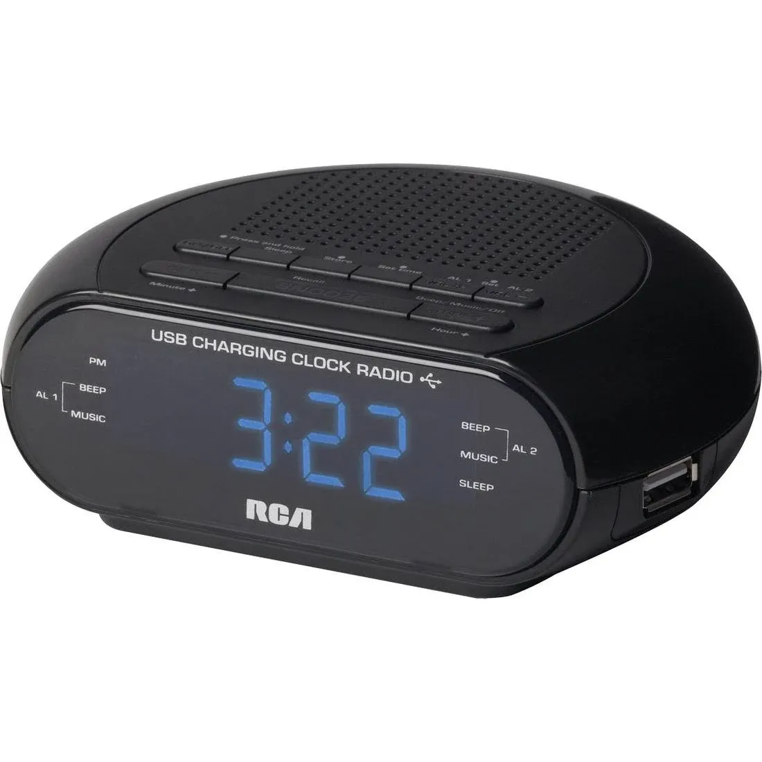 RCA USB Charging Clock Radio, .6” Blue LED Display, Brightness Display, FM Radio with Presets, Dual Wake, Sleep Timer, and Snooze Functions