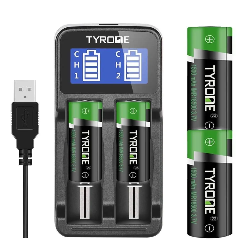 Tyrone 18500 Rechargeable Flat Top Batteries with Charger (4 Pack)