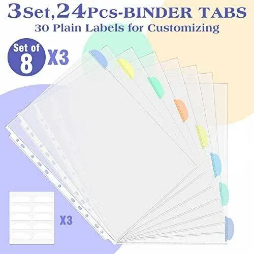 3 Set of 24 Pack A4 Plastic Sleeves Binder Index Dividers Pocket Dividers for 2/