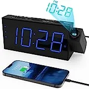 OnLyee Projection Alarm Clock for Bedroom, LED Digital on Ceiling Wall with USB Phone Charging, Battery Backup, 180° Rotatable Projector & Dimmer, 12/24H, DST, Snooze, Dual Loud Bedside Heavy Sleeper