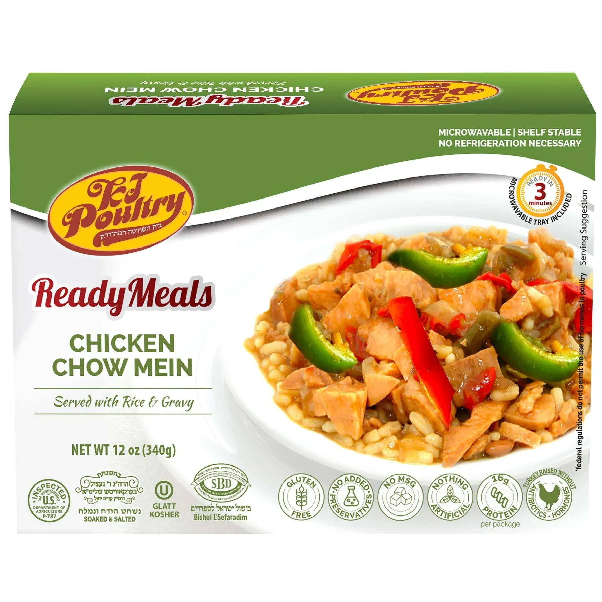 Kosher Chicken Chow Mein, MRE Meat Meals Ready to Eat, Gluten Free (1 Pack) Prepared Entree Fully Cooked, Shelf Stable Microwave Dinner - Travel, Military, Camping, Emergency Survival Protein Food