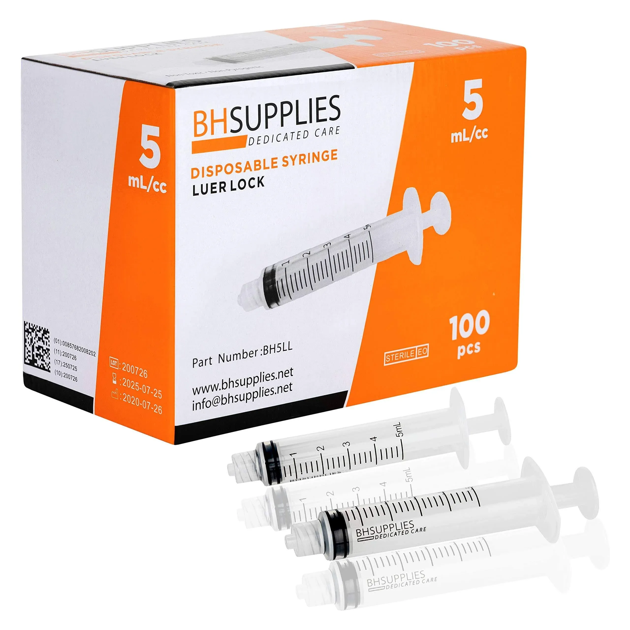 5ml Syringe Sterile with Luer Lock Tip - 100 Syringes by BH Supplies (No Needle ...