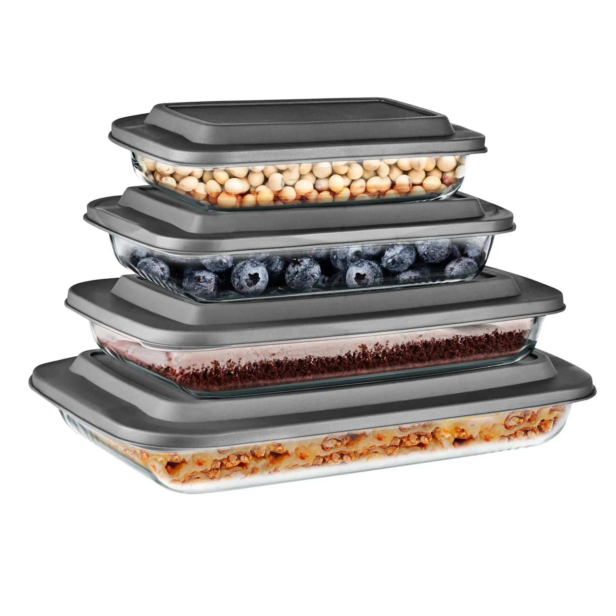 SereneLife Rectangular Glass Bakeware Set - 4 Sets of High Borosilicate with PE Lid, Blue