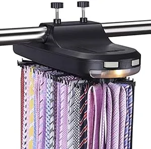 Aniva Motorized Tie Rack Closet Organizer with LED Lights Includes J Hooks for Wired Shelving Stores Up to 72 Ties & 8 Belts, Operates with Batteries