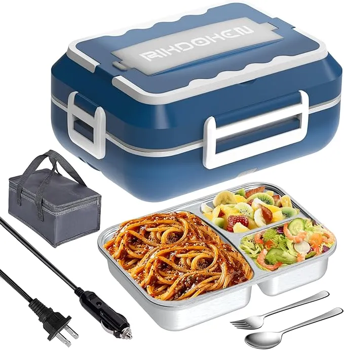 RIKDOKEN 60W Faster Heat Electric Lunch Box Heater for Car Truck Work Home, 12V 24V 110V Portable Food Warmer with 1.5L Stainless Steel Container,