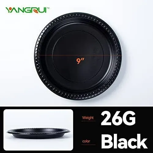 YANGRUI Reusable Plastic Plates, 9 Inch 150 Pack Food Grade Material BPA Free MFPP Black Dinner Plates