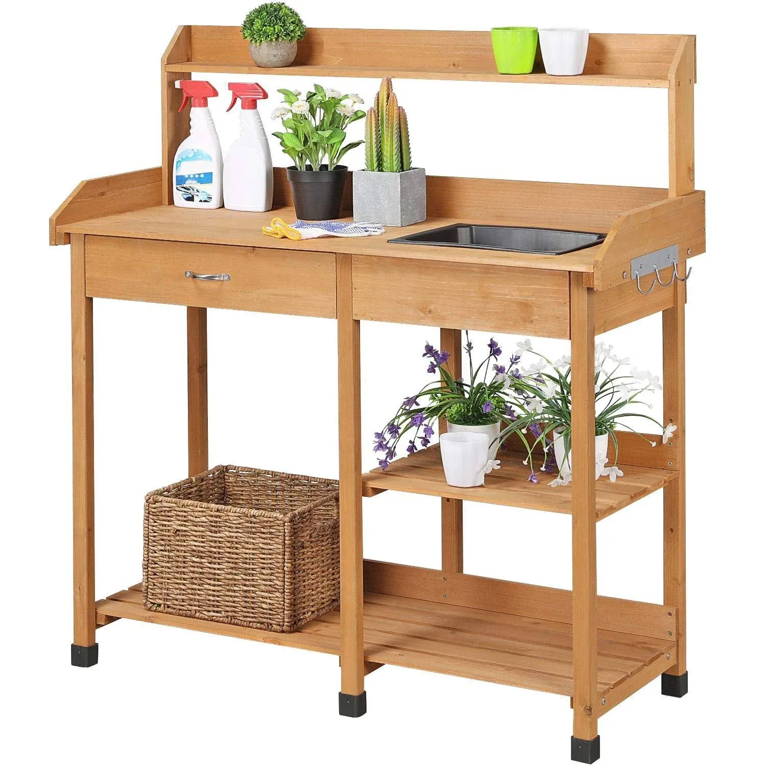 Easyfashion Fir Garden Potting Bench W/Sink Drawer Rack Shelves Gray