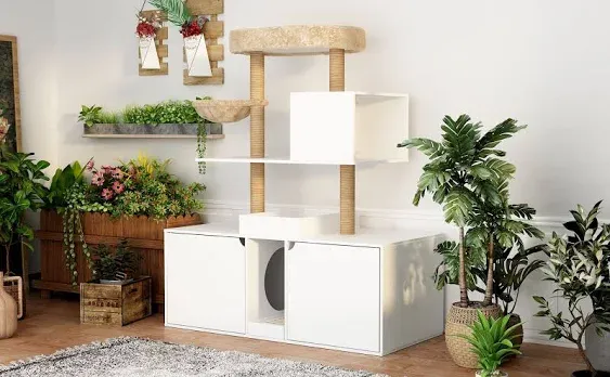 Cat Litter Box Enclosure Furniture for 2 Cats, with Cat Tree Tower Indoor Hidden ...