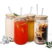 18oz Can Shaped Glass Cups with Bamboo Lids and Glass Straw - 4 Piece Set for Iced Coffee Beer Tea - Gift for Coffee Lovers