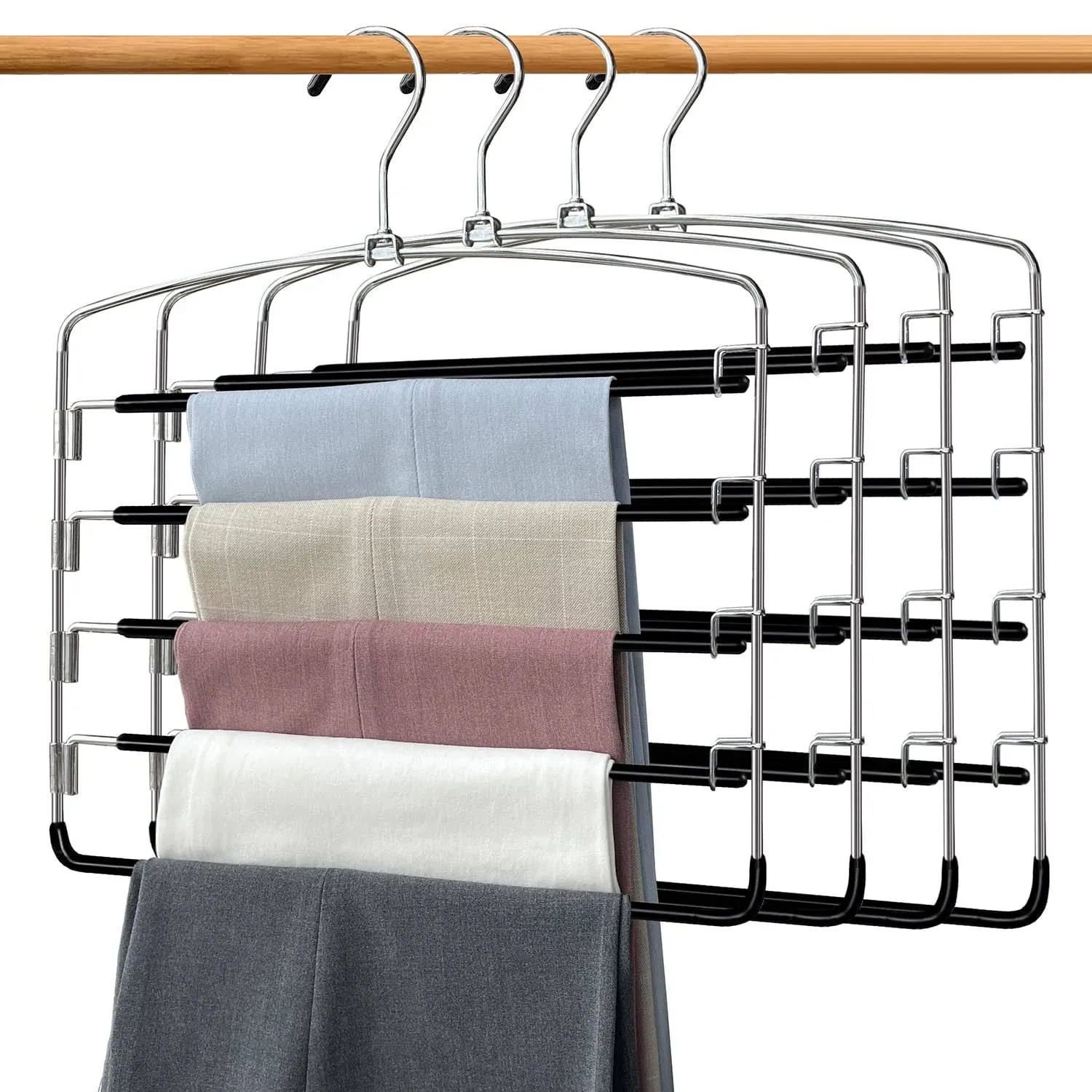 Pants Hangers 4 Pieces Swing Arm Trousers Hanger Space Saving Pants Rack 5 Layer