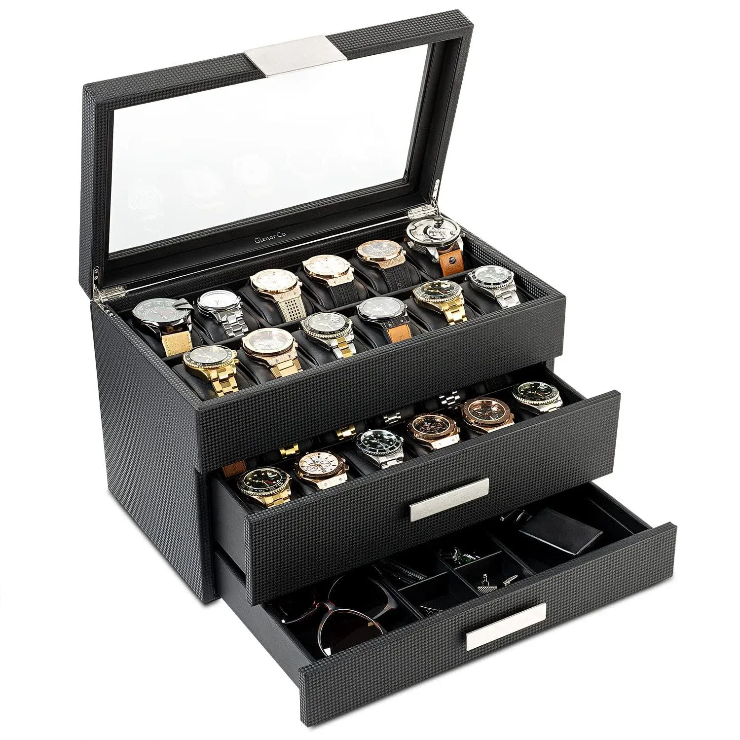 Watch Box with Valet Drawer for Men - 24 Slot Luxury Case Display Watch Organizer, Carbon Fiber Design - Metal Buckle for Mens Jewelry Watches, Men's Storage Boxes Holder has Large Glass Top