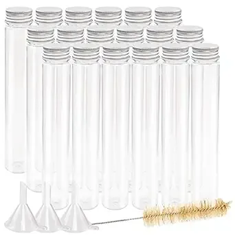 DEPEPE 18pcs 115ml Clear Flat Plastic Test Tubes with Screw Caps 30 x 180mm with 3 Funnels and 1 Brush, Large Test Tubes Containers for Bath Salt Candy Storage