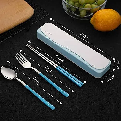 DEVICO Travel Utensils, 18/8 Stainless Steel 4pcs Cutlery Set Portable Camp Reusable Flatware Silverware, Include Fork Spoon Chopsticks with Case (Blue)