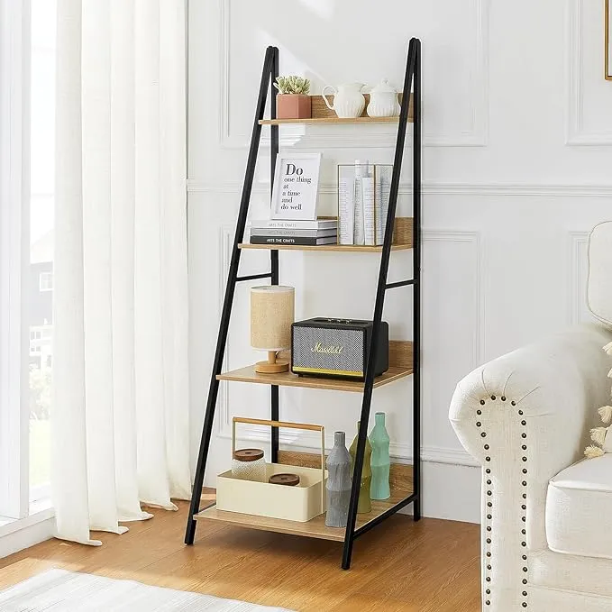 Pshelfy Ladder Shelf 4-Tier Bookshelf Wood Bookcase with Steel Frame Flower ...