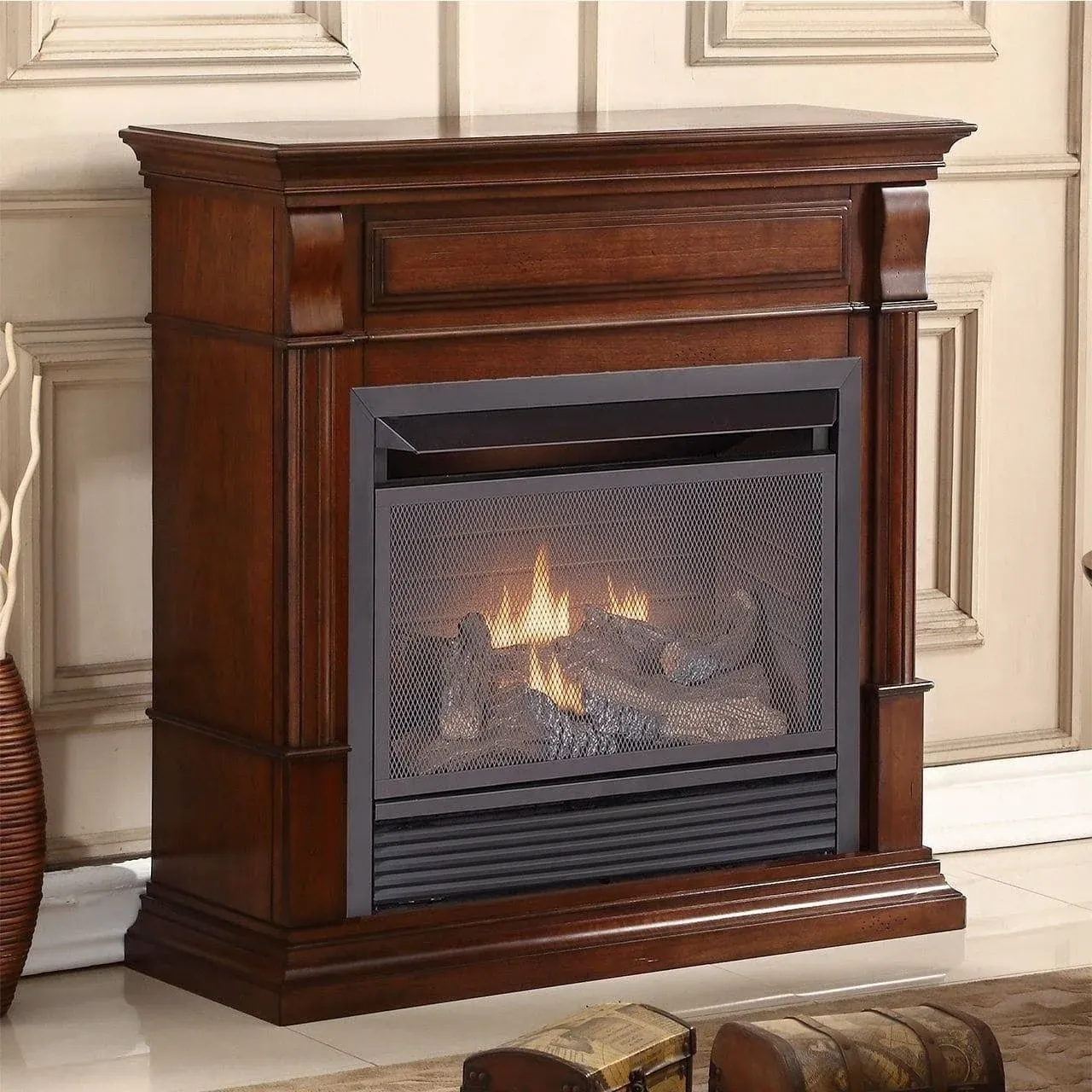 Duluth Forge Dual Fuel Ventless Gas Fireplace System with Mantle, Thermostat Control, 5 Fire Logs, Use with Natural Gas or Liquid Propane, 26000 BTU, Heats up to 1350 Sq. Ft., Auburn Cherry Finish