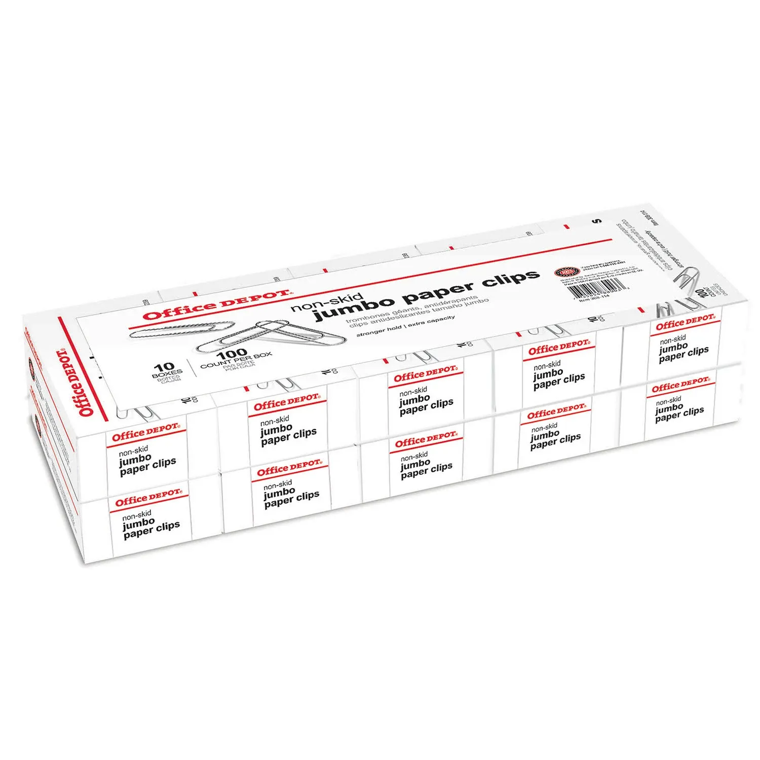 Office Depot Brand Paper Clips, Jumbo, Silver, Nonskid Finish, 100 Clips per Box, Pack of 10 Boxes