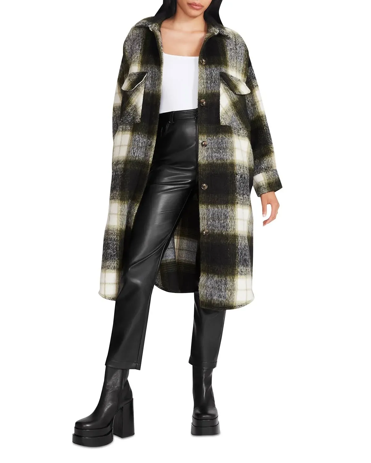 Steve Madden Chloe Plaid Longline Shacket in Olive Night