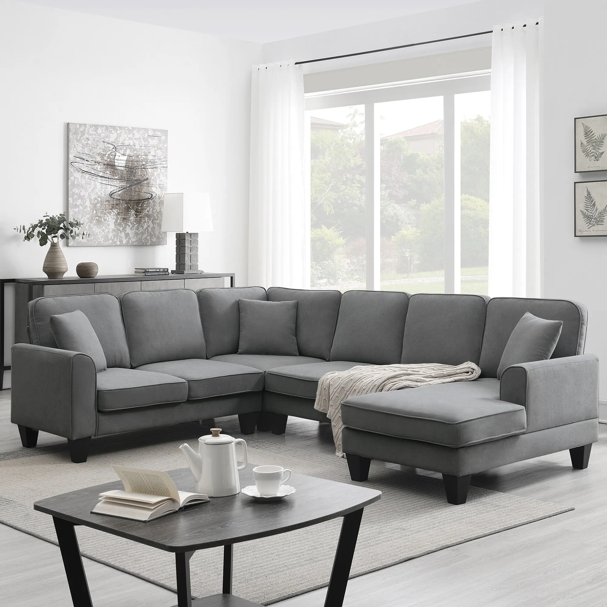 Modern 7 Seat U-Shape Sectional Sofa with 3 Pillows, Stylish Furniture Set for Living Room, Apartment, Office