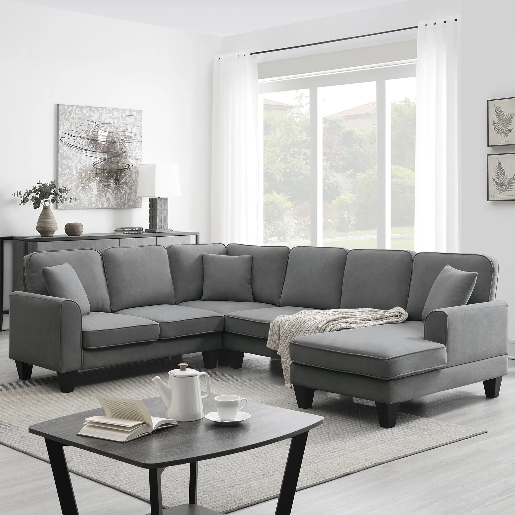 Modern U-Shaped Sectional Sofa with Chaise Lounge and Pillows - 7 Seats Sofa Set, Gray and Beige Upholstery