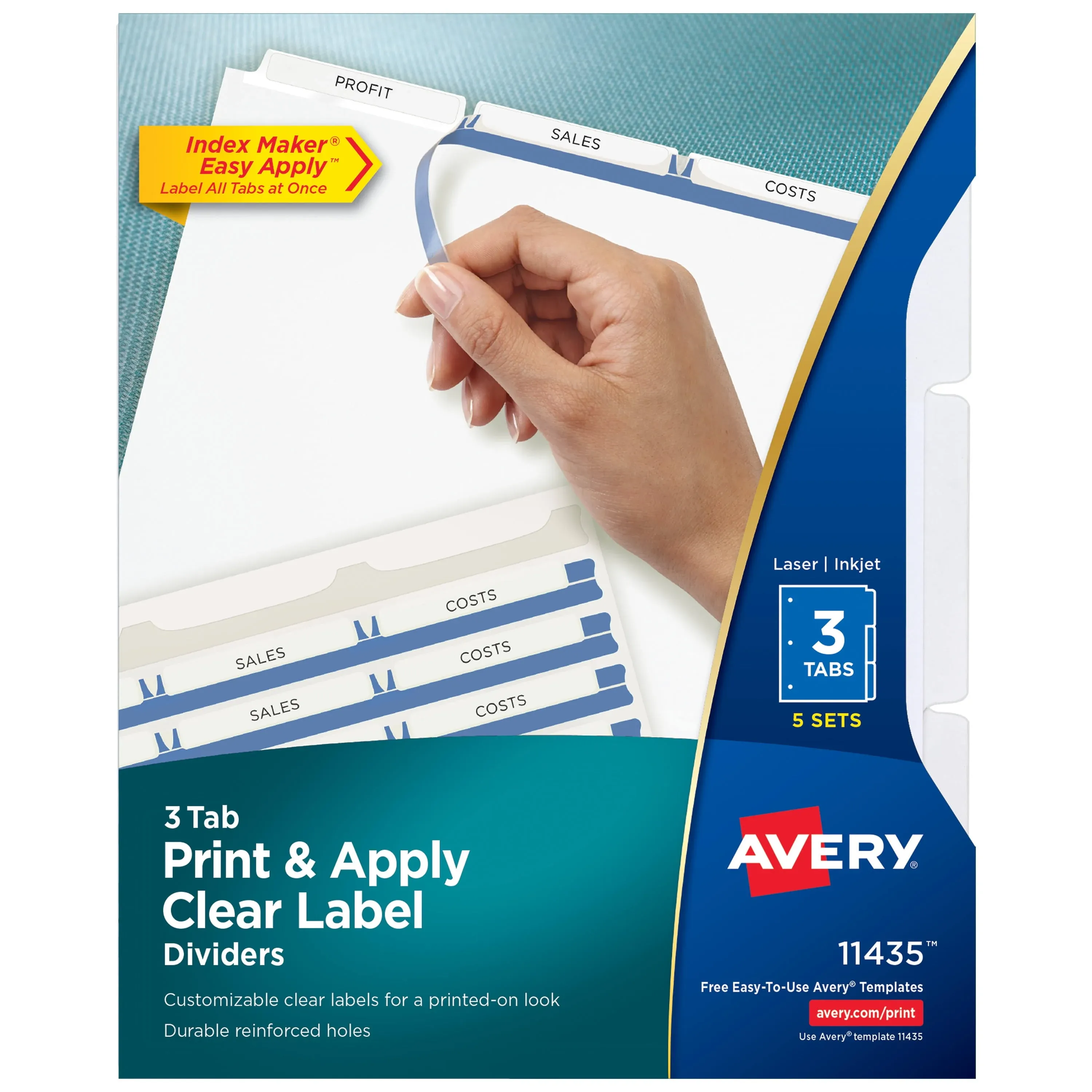 Avery 3-Tab Dividers for 3 Ring Binder Easy Print & Apply Clear Label Strip Index Maker Customizable White Tabs 5 Sets (11435)