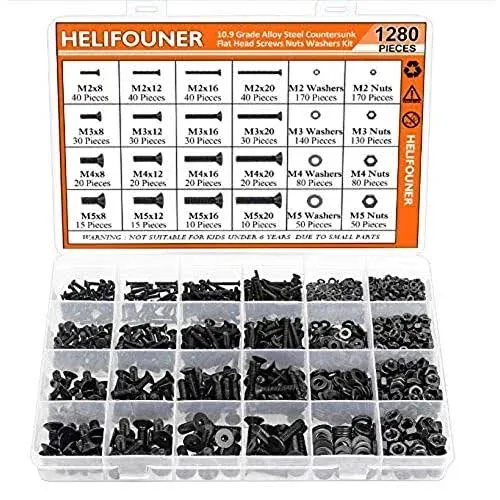 HELIFOUNER 1280 Pieces Countersunk Head Socket Cap Screws Bolts, Flat Washers and Nuts Assortment Kit, 109 Grade Alloy Steel, Fu