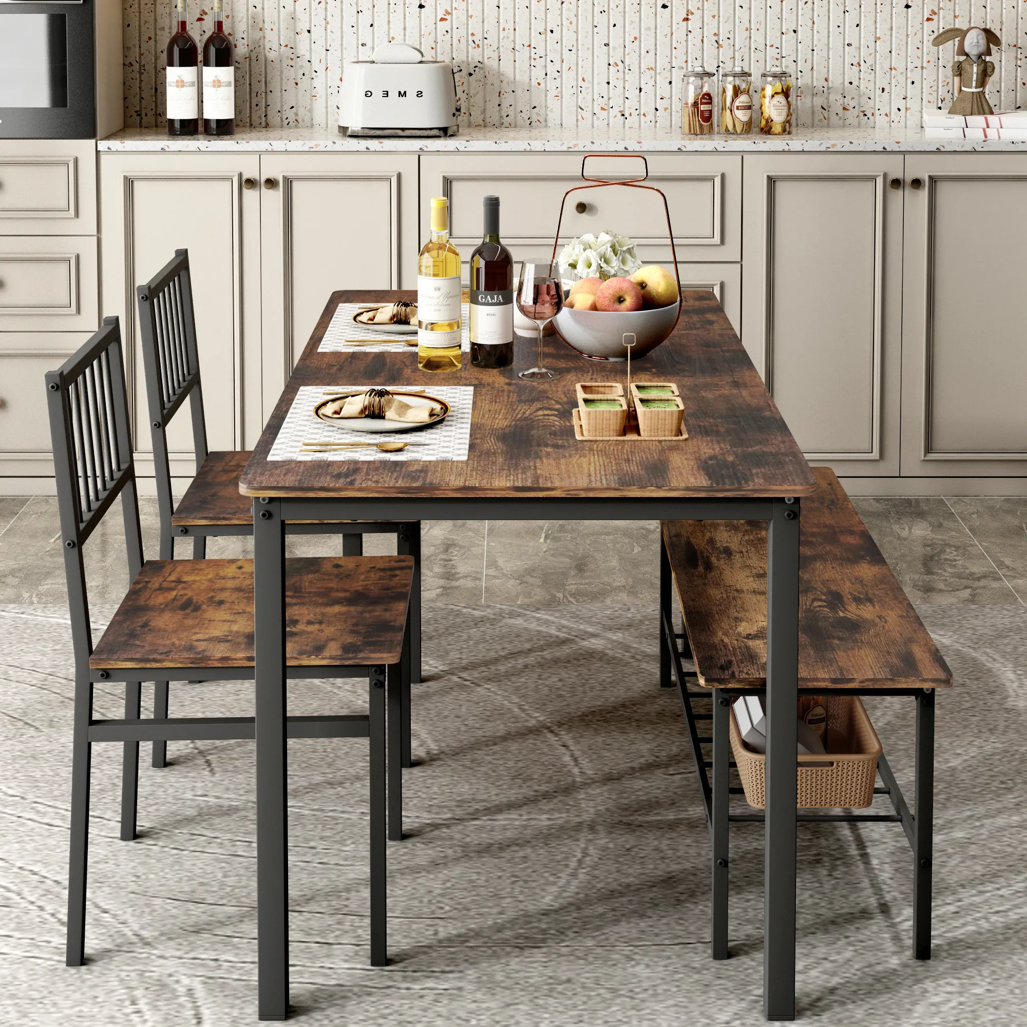 Dining Table Set 4 Piece Dining Room Table Set for Small Spaces Kitchen Table with 2 Chairs and a Long Bench Space-Saving Table Set for Kitchen Dining Room Restaurant - Easy to Assemble